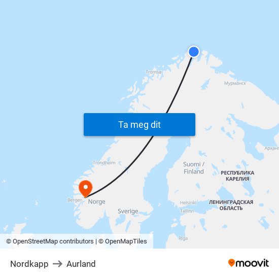 Nordkapp to Aurland map