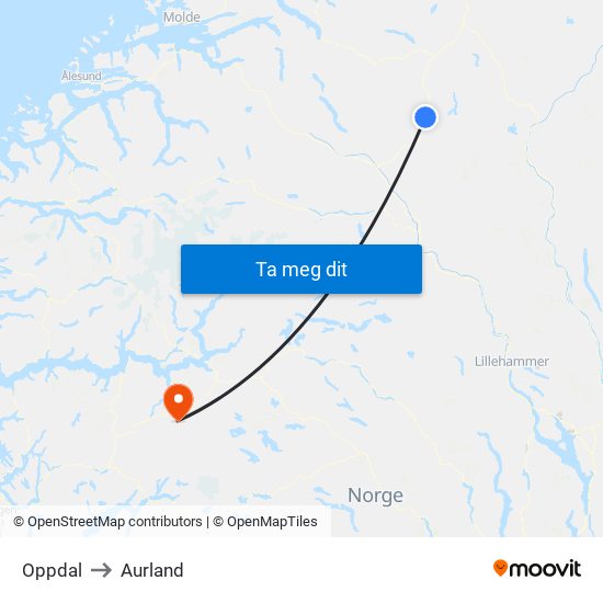 Oppdal to Aurland map