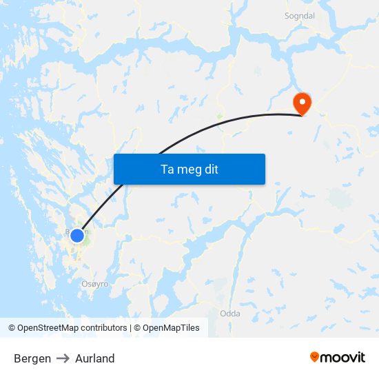 Bergen to Aurland map