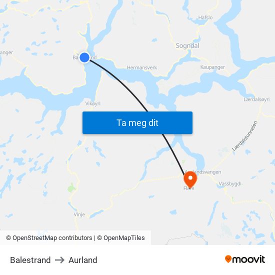 Balestrand to Aurland map