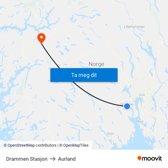 Drammen Stasjon to Aurland map