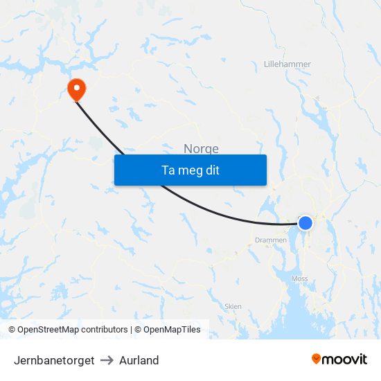 Jernbanetorget to Aurland map