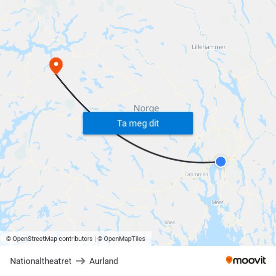 Nationaltheatret to Aurland map