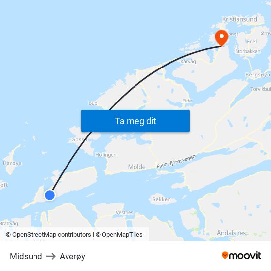 Midsund to Averøy map