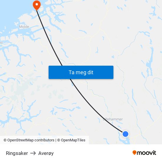 Ringsaker to Averøy map