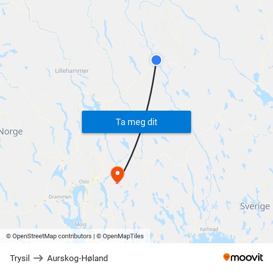 Trysil to Aurskog-Høland map