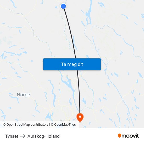 Tynset to Aurskog-Høland map