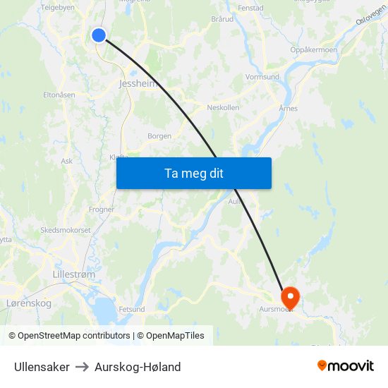 Ullensaker to Aurskog-Høland map