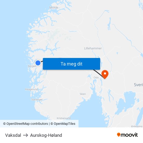 Vaksdal to Aurskog-Høland map