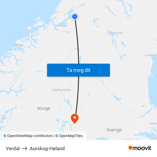 Verdal to Aurskog-Høland map