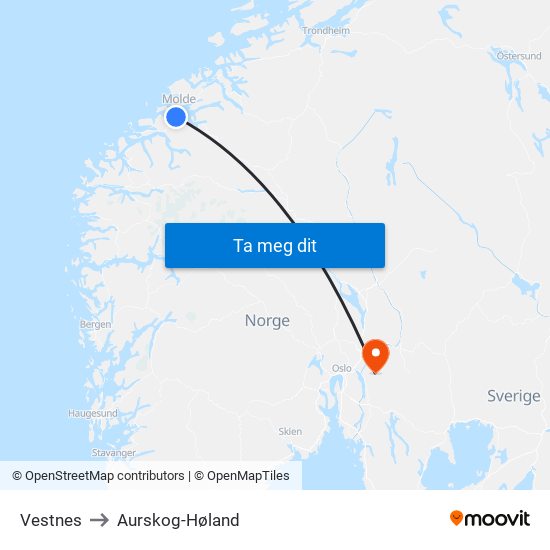 Vestnes to Aurskog-Høland map