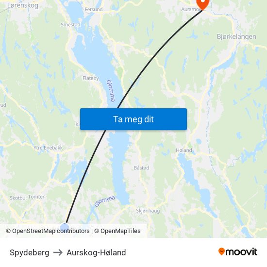 Spydeberg to Aurskog-Høland map
