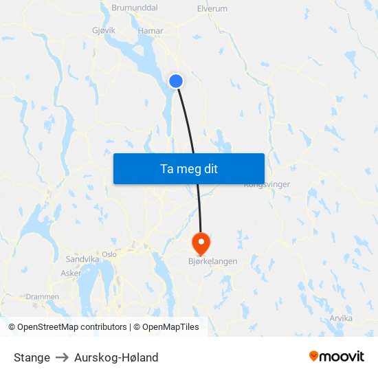 Stange to Aurskog-Høland map