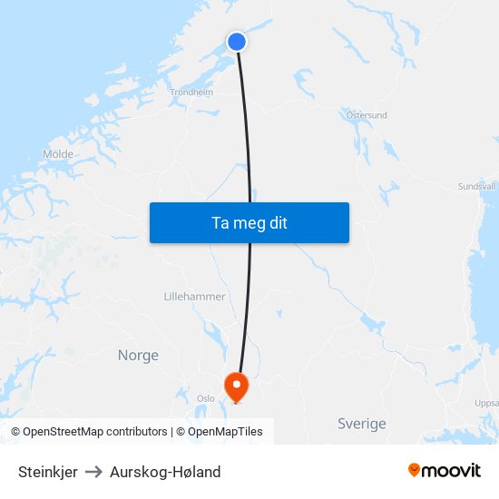 Steinkjer to Aurskog-Høland map