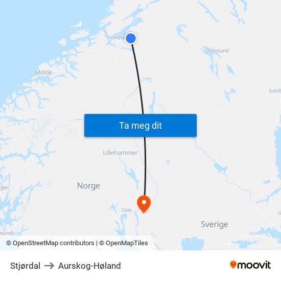 Stjørdal to Aurskog-Høland map