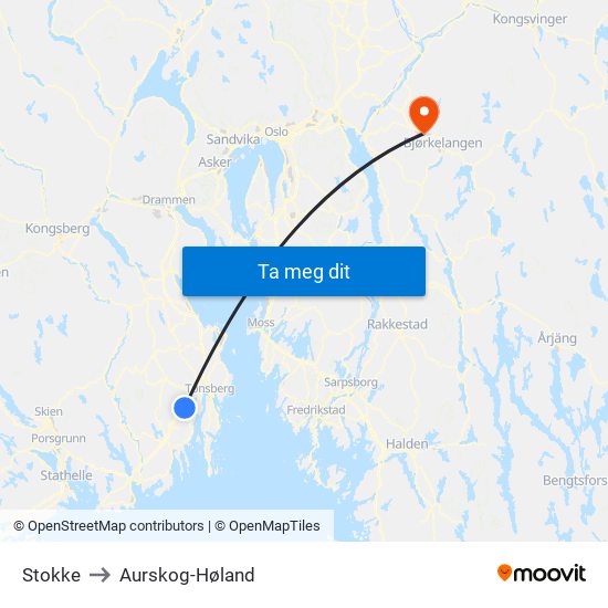 Stokke to Aurskog-Høland map
