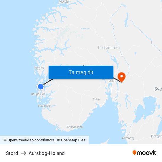 Stord to Aurskog-Høland map