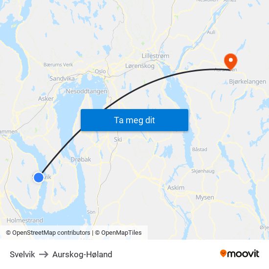 Svelvik to Aurskog-Høland map