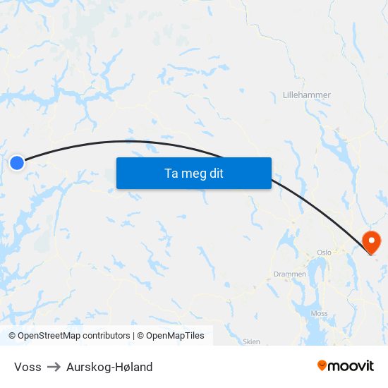 Voss to Aurskog-Høland map