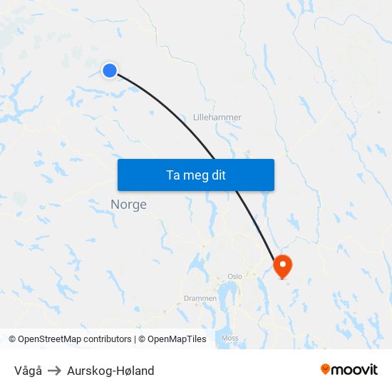 Vågå to Aurskog-Høland map