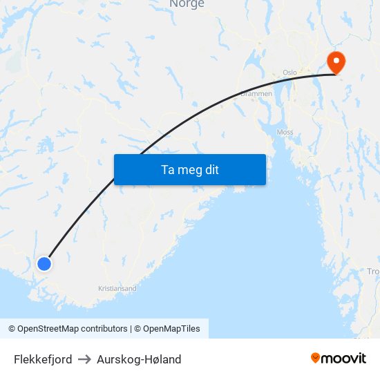 Flekkefjord to Aurskog-Høland map