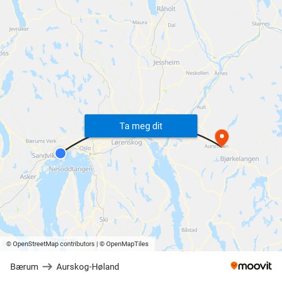 Bærum to Aurskog-Høland map