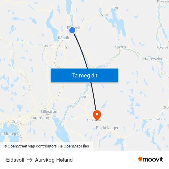 Eidsvoll to Aurskog-Høland map