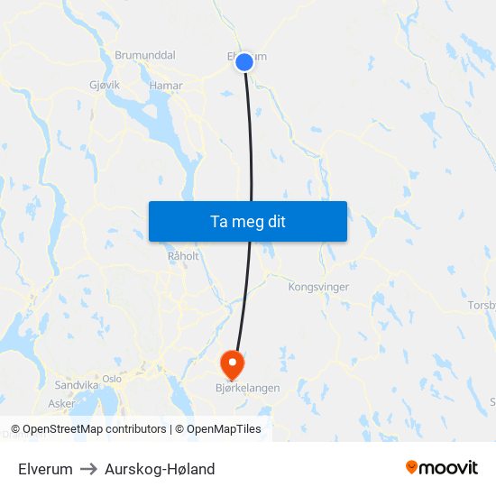 Elverum to Aurskog-Høland map