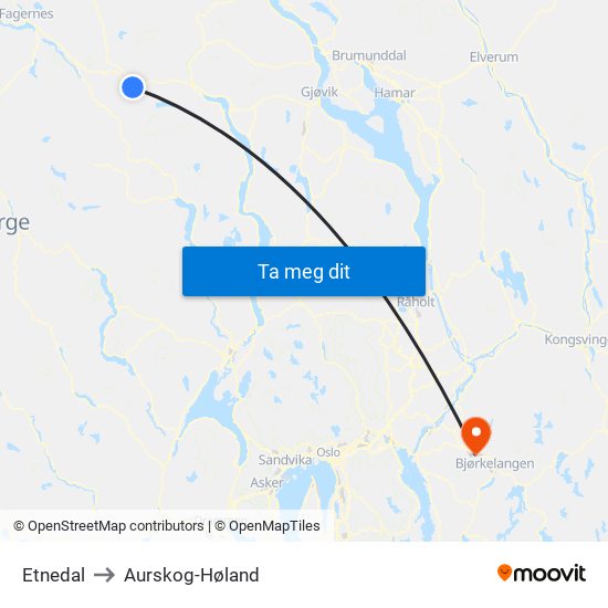 Etnedal to Aurskog-Høland map