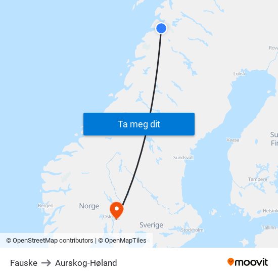 Fauske to Aurskog-Høland map