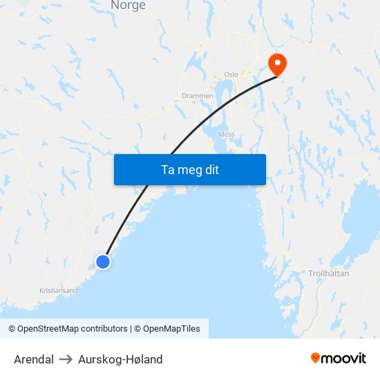 Arendal to Aurskog-Høland map