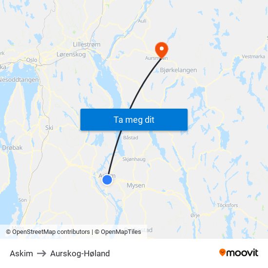 Askim to Aurskog-Høland map