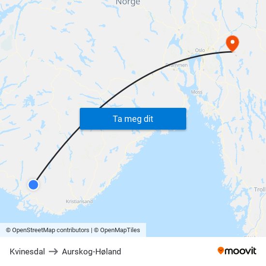 Kvinesdal to Aurskog-Høland map