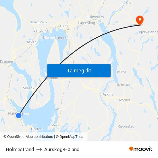 Holmestrand to Aurskog-Høland map