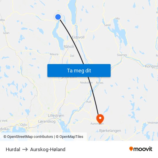 Hurdal to Aurskog-Høland map