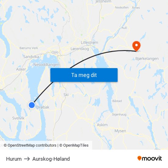 Hurum to Aurskog-Høland map