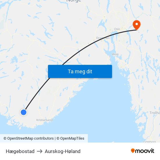 Hægebostad to Aurskog-Høland map