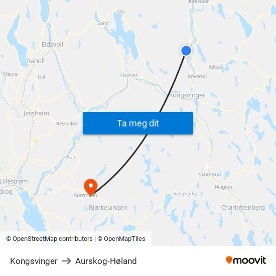 Kongsvinger to Aurskog-Høland map