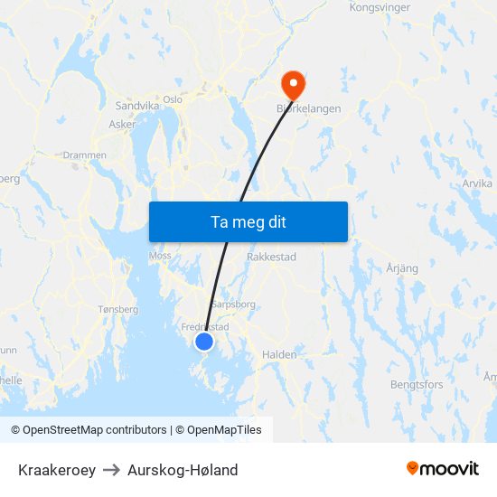 Kraakeroey to Aurskog-Høland map