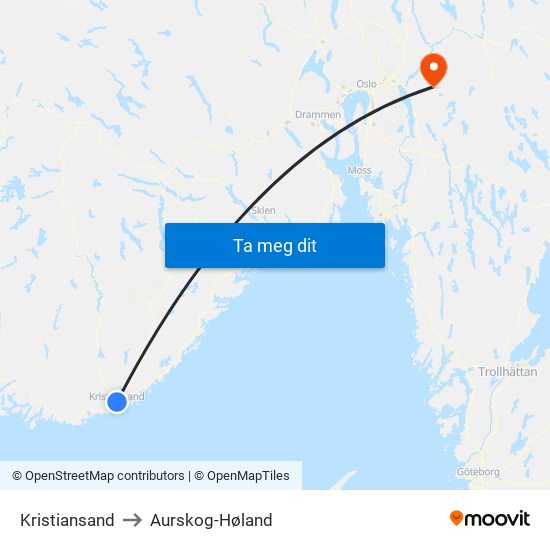 Kristiansand to Aurskog-Høland map