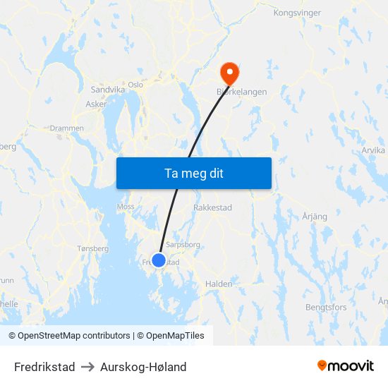 Fredrikstad to Aurskog-Høland map