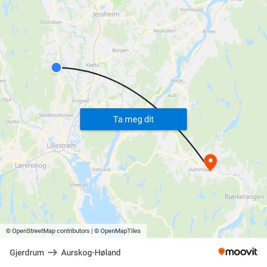 Gjerdrum to Aurskog-Høland map