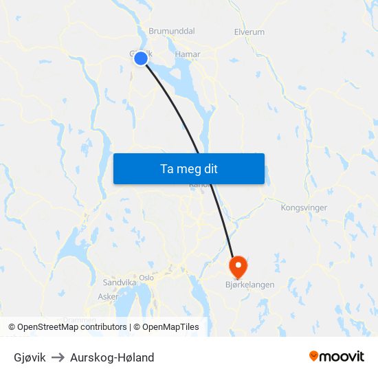 Gjøvik to Aurskog-Høland map