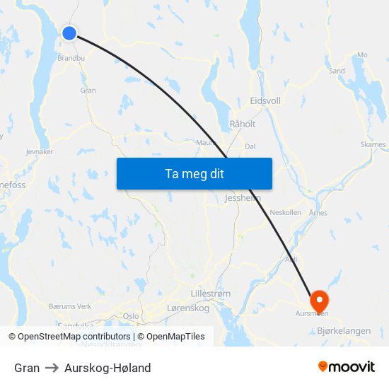 Gran to Aurskog-Høland map