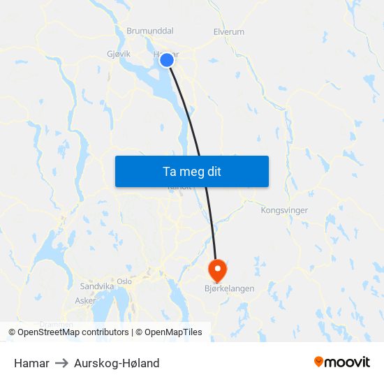Hamar to Aurskog-Høland map