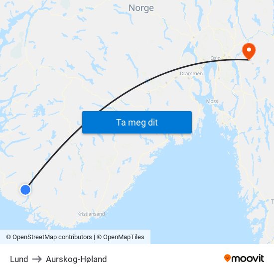 Lund to Aurskog-Høland map