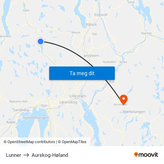 Lunner to Aurskog-Høland map