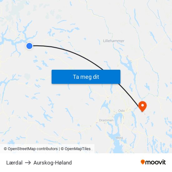 Lærdal to Aurskog-Høland map