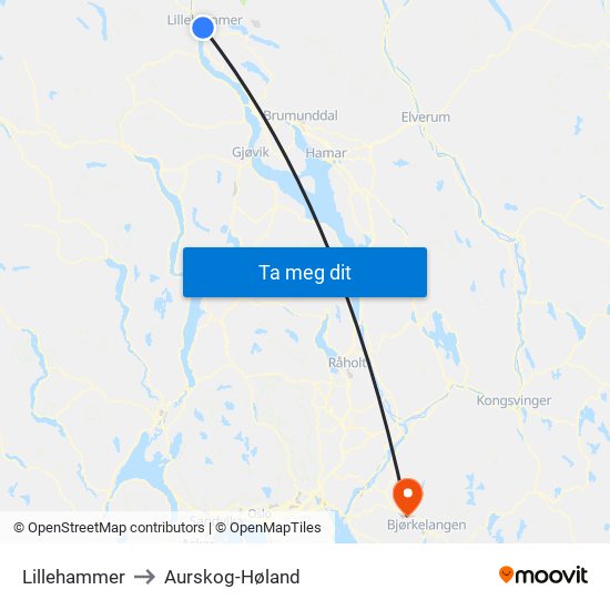 Lillehammer to Aurskog-Høland map