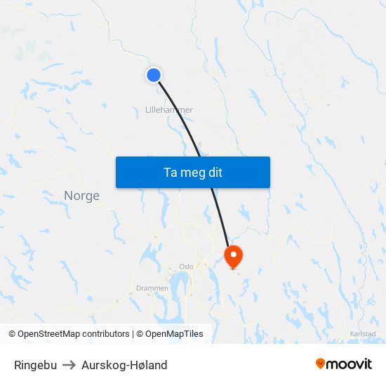 Ringebu to Aurskog-Høland map